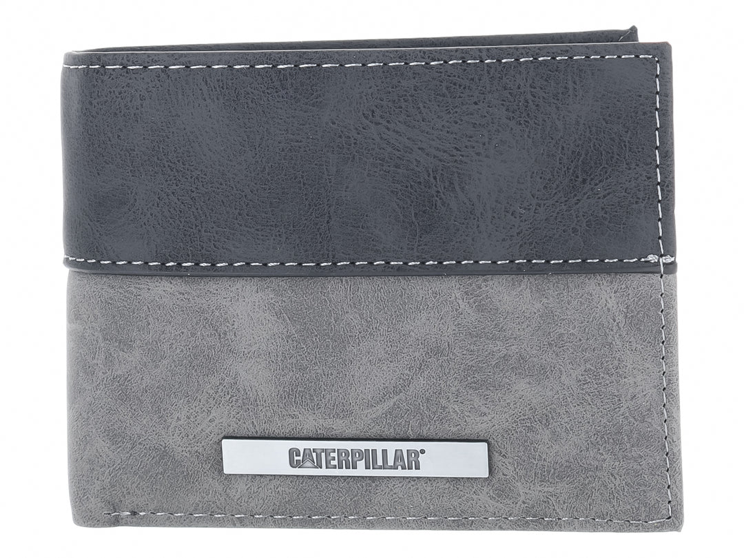 Cartera Caterpillar bifold en colores gris y negro con placa de marca metálica.