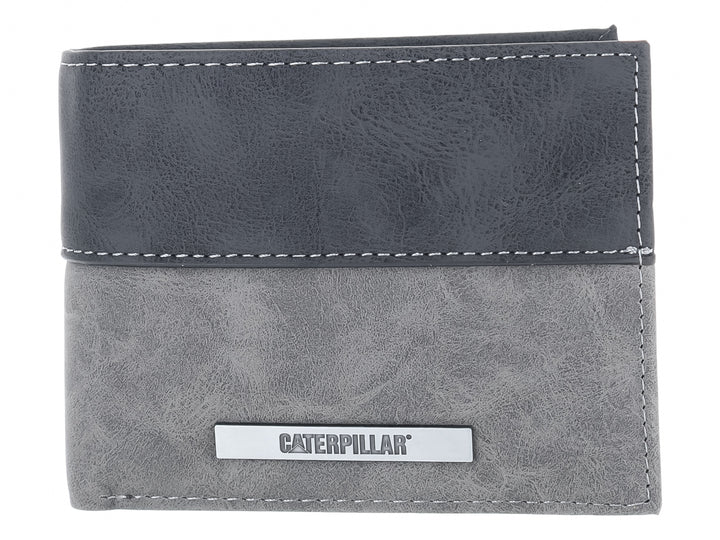 Cartera Caterpillar bifold en colores gris y negro con placa de marca metálica.