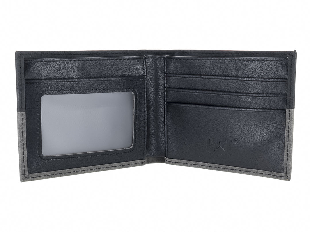 Cartera Caterpillar bifold en colores gris y negro con placa de marca metálica.