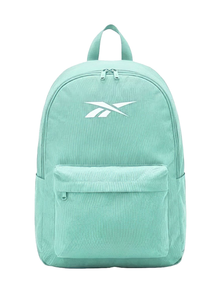 Mochila escolar Reebok de color azul claro con logotipo blanco y bolsillo frontal.