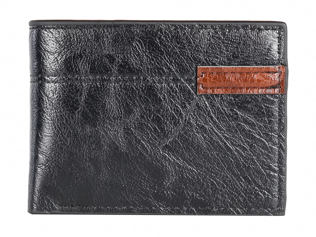 Cartera de cuero color negro con un detalle en cuero marrón en la parte frontal.