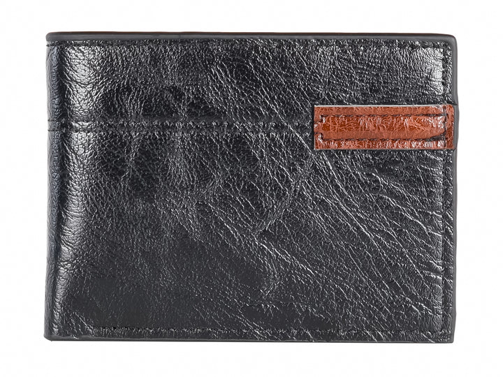 Cartera de cuero color negro con un detalle en cuero marrón en la parte frontal.