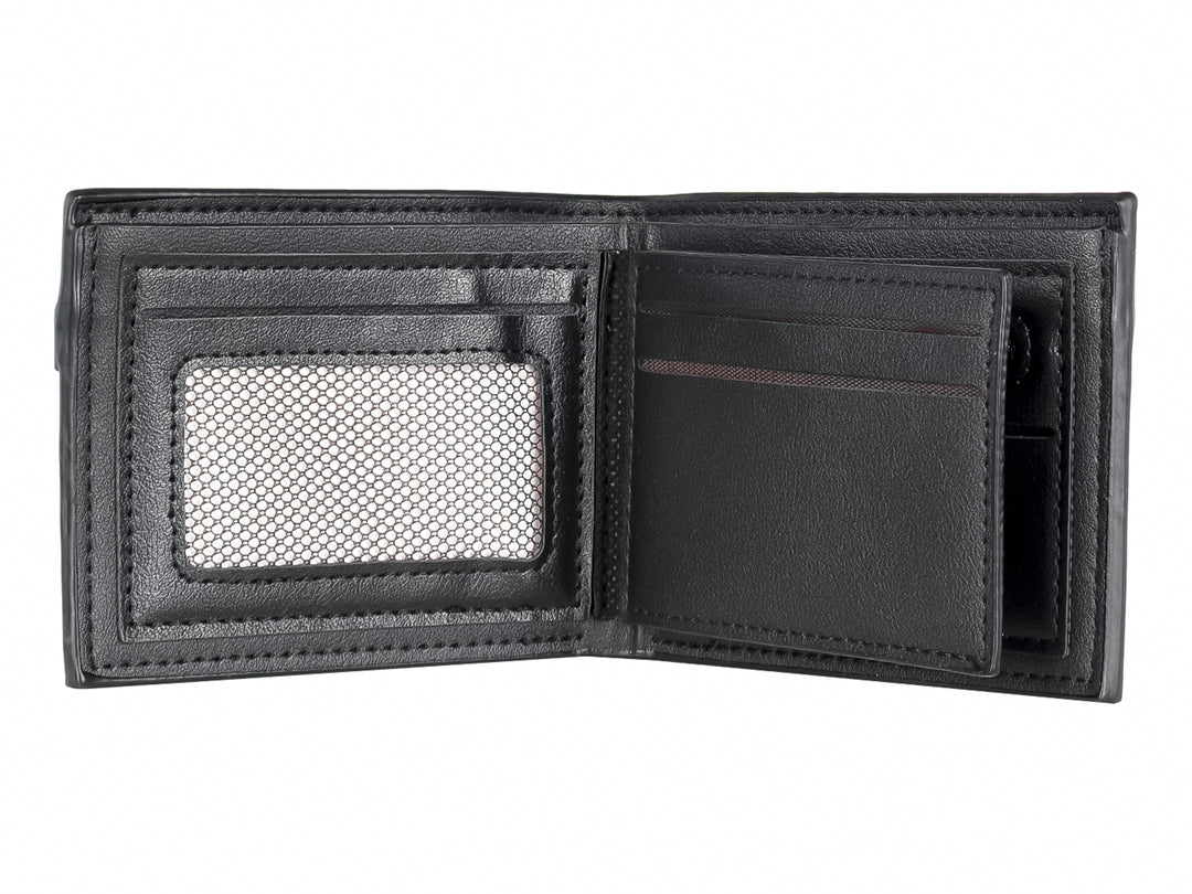 Cartera de cuero color negro con un detalle en cuero marrón en la parte frontal.