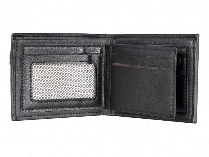 Cartera de cuero color negro con un detalle en cuero marrón en la parte frontal.