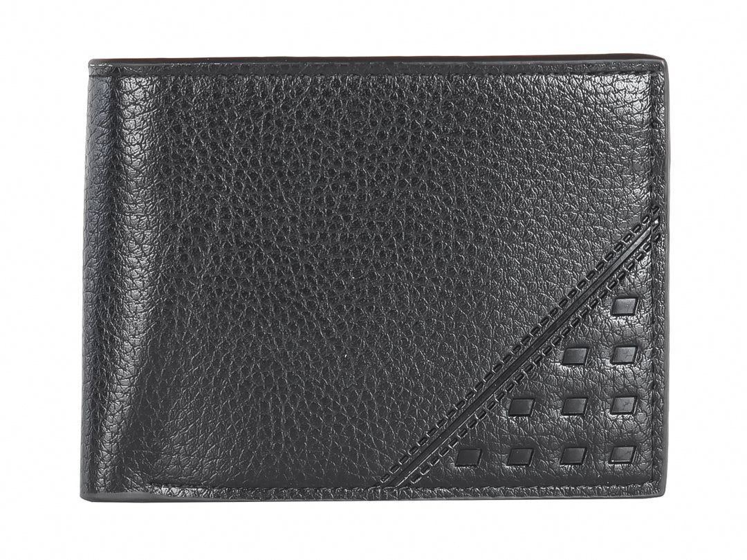 Cartera de cuero color negro con textura rugosa y detalle decorativo diagonal.