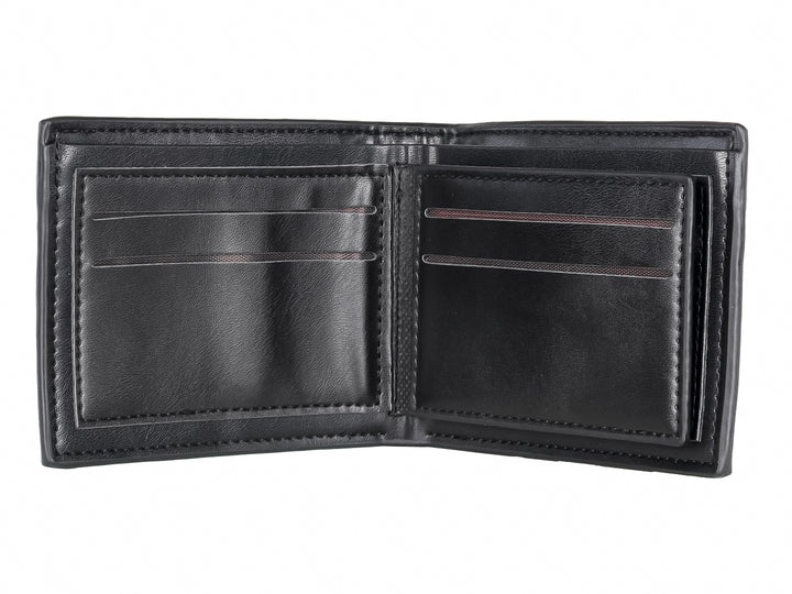 Cartera de cuero color negro con textura rugosa y detalle decorativo diagonal.