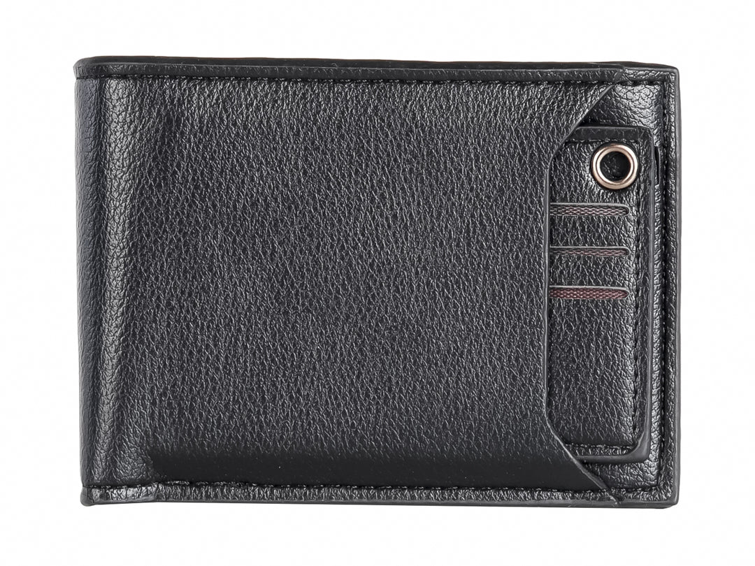 Cartera bifold de color negro con textura rugosa y un pequeño aro metálico lateral.