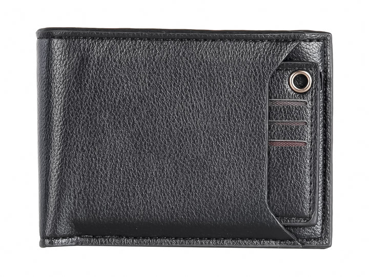 Cartera bifold de color negro con textura rugosa y un pequeño aro metálico lateral.