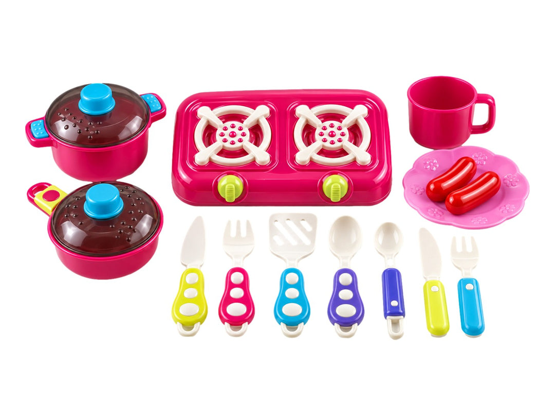 Set de cocina de juguete color rosa con estufa, ollas y utensilios en empaque transparente.