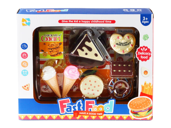 Set de postres de juguete Kelder Toys con helados, pastel y donas en empaque colorido para niños.