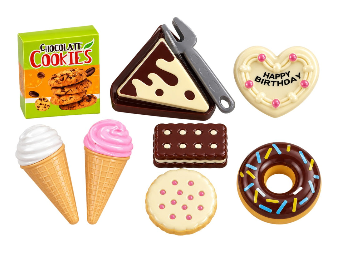 Set de postres de juguete Kelder Toys con helados, pastel y donas en empaque colorido para niños.