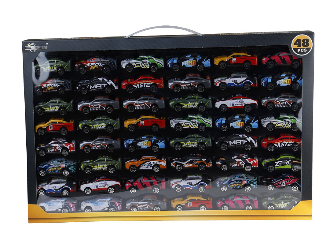 Set de 48 autos de carreras de juguete en colores variados presentados en un empaque rectangular negro y amarillo.
