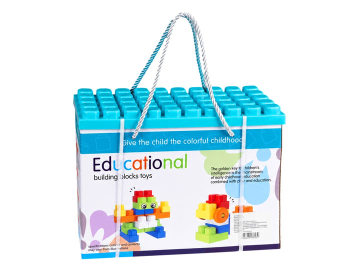 Set de bloques de construcción educativos KELDER TOYS en estuche azul con asa blanca y empaque multicolor.