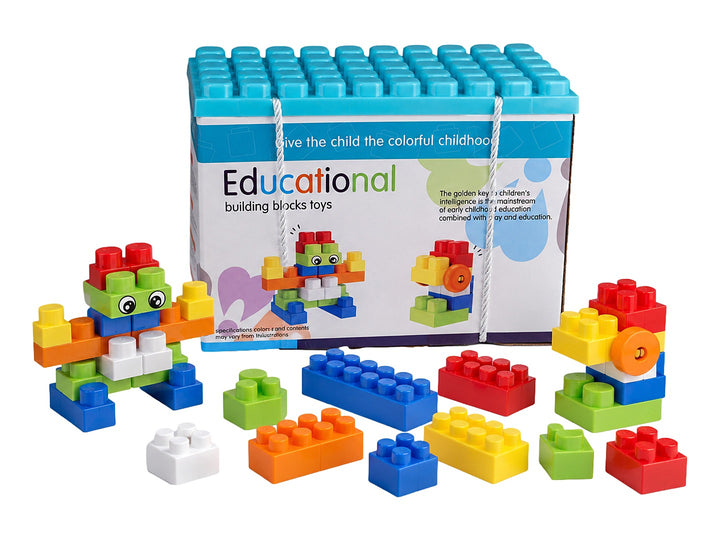 Set de bloques de construcción educativos KELDER TOYS en estuche azul con asa blanca y empaque multicolor.