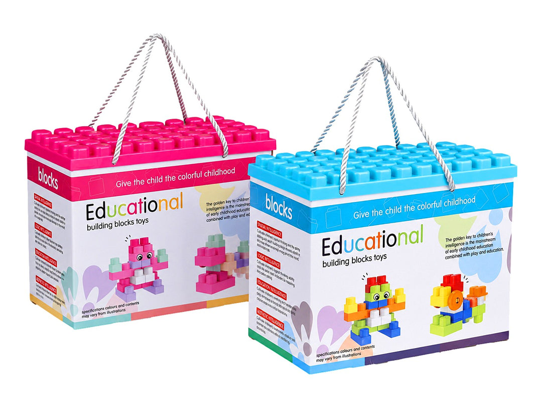 Set de bloques de construcción educativos KELDER TOYS en estuche azul con asa blanca y empaque multicolor.