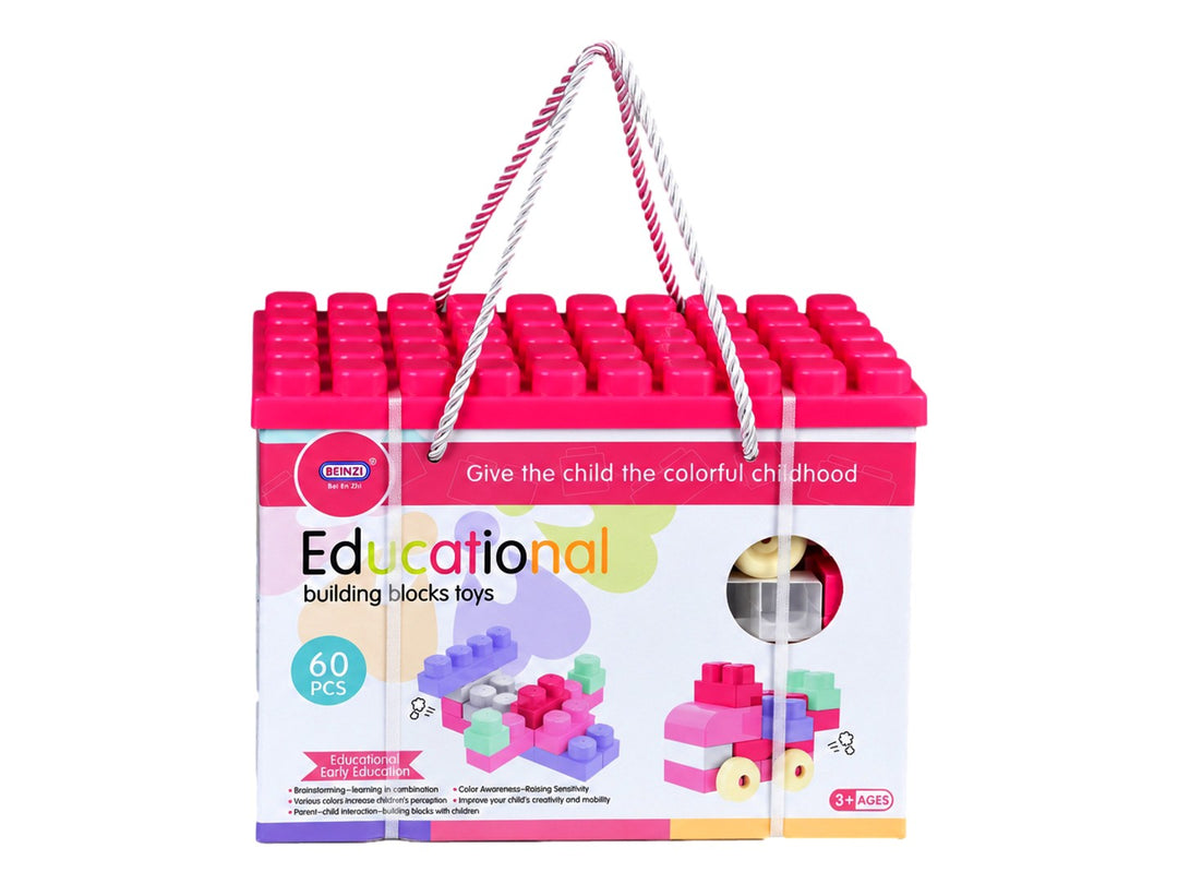 Set de 60 piezas de bloques de construcción educativos en un estuche rosa con asa para transporte.