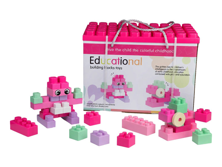 Set de 60 piezas de bloques de construcción educativos en un estuche rosa con asa para transporte.