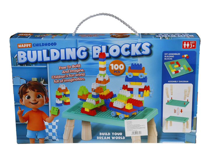 Set de 100 bloques de construcción multicolores en caja azul con asa, incluye mesa de ensamble y guía de armado.