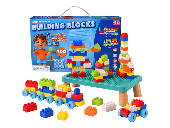 Set de 100 bloques de construcción multicolores en caja azul con asa, incluye mesa de ensamble y guía de armado.