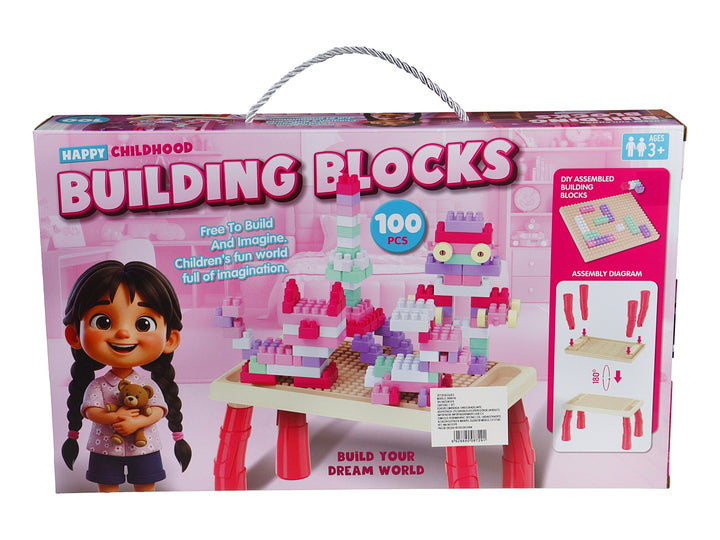 Set de bloques de construcción KELDER TOYS en empaque rosa con 100 piezas y mesa de ensamblaje.