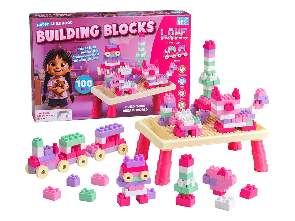 Set de bloques de construcción KELDER TOYS en empaque rosa con 100 piezas y mesa de ensamblaje.