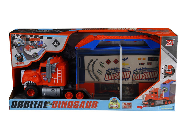 Camión transportador de juguetes Orbital Dinosaur en color naranja y azul con pista integrada en su empaque.