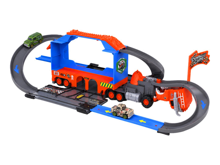 Camión transportador de juguetes Orbital Dinosaur en color naranja y azul con pista integrada en su empaque.
