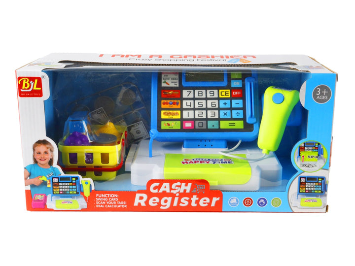 Set de caja registradora de juguete multicolor con escáner y carrito de compras en su empaque original.