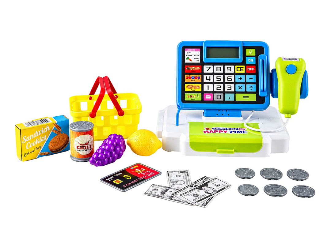 Set de caja registradora de juguete multicolor con escáner y carrito de compras en su empaque original.
