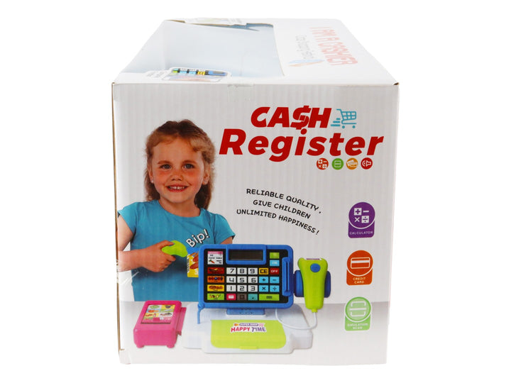Set de caja registradora de juguete multicolor con escáner y carrito de compras en su empaque original.