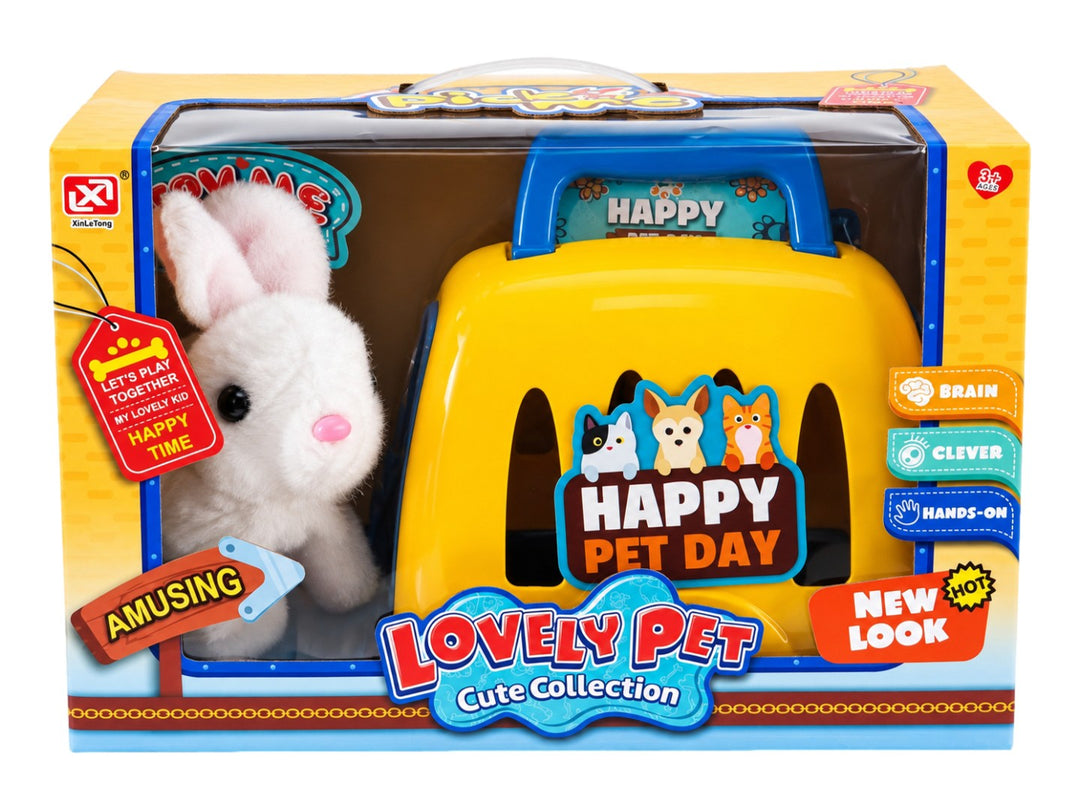 Set de juguete Lovely Pet que incluye un conejo de peluche blanco y una jaula de plástico amarilla y azul.