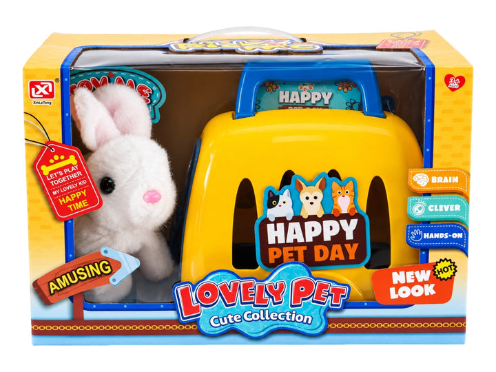 Set de juguete Lovely Pet que incluye un conejo de peluche blanco y una jaula de plástico amarilla y azul.