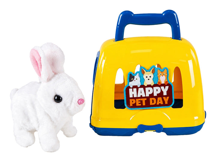 Set de juguete Lovely Pet que incluye un conejo de peluche blanco y una jaula de plástico amarilla y azul.