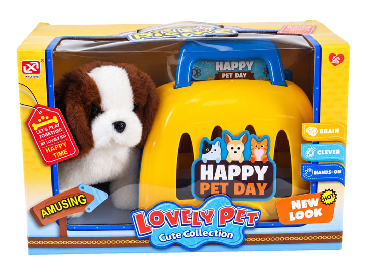 Set de juguete Lovely Pet que incluye un perro de peluche marrón y blanco con una jaula de transporte amarilla y azul.