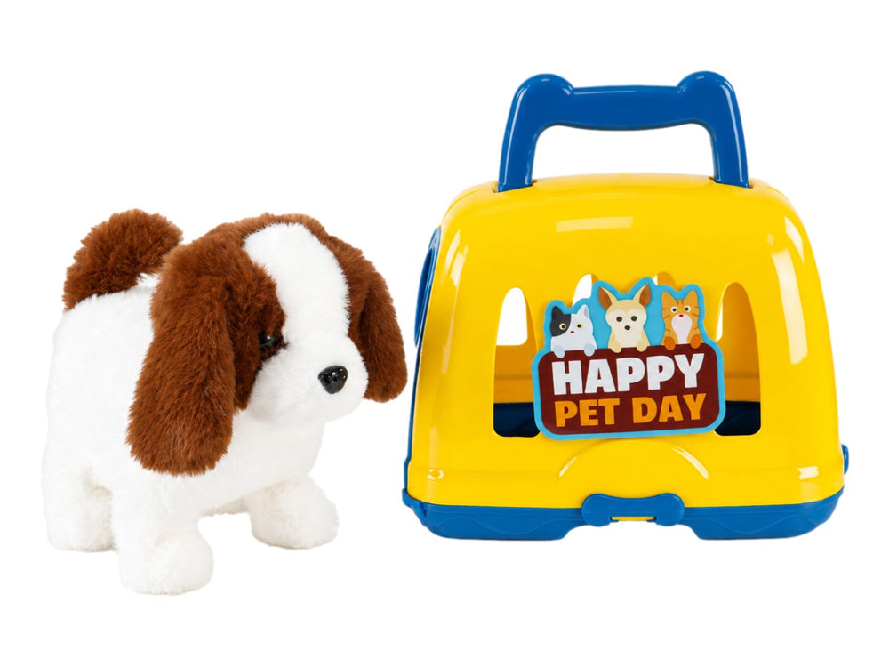 Set de juguete Lovely Pet que incluye un perro de peluche marrón y blanco con una jaula de transporte amarilla y azul.