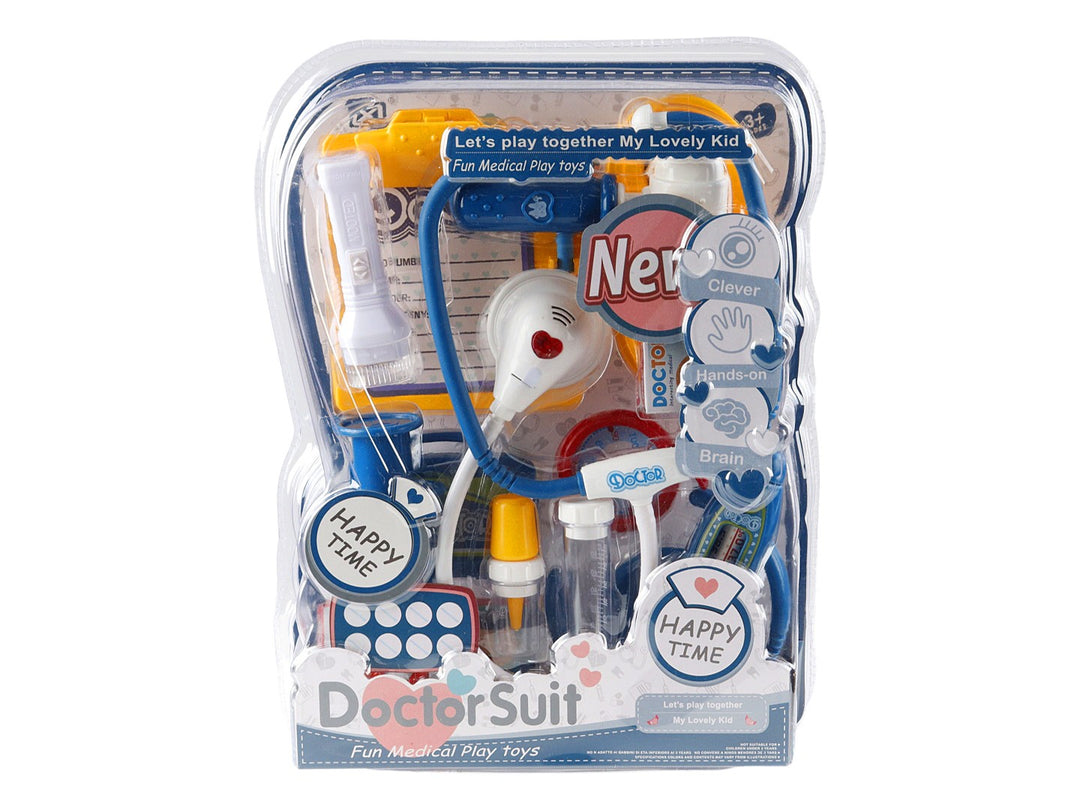 Kit de juguetes de equipo médico infantil Doctor Suit en empaque transparente con accesorios multicolores.