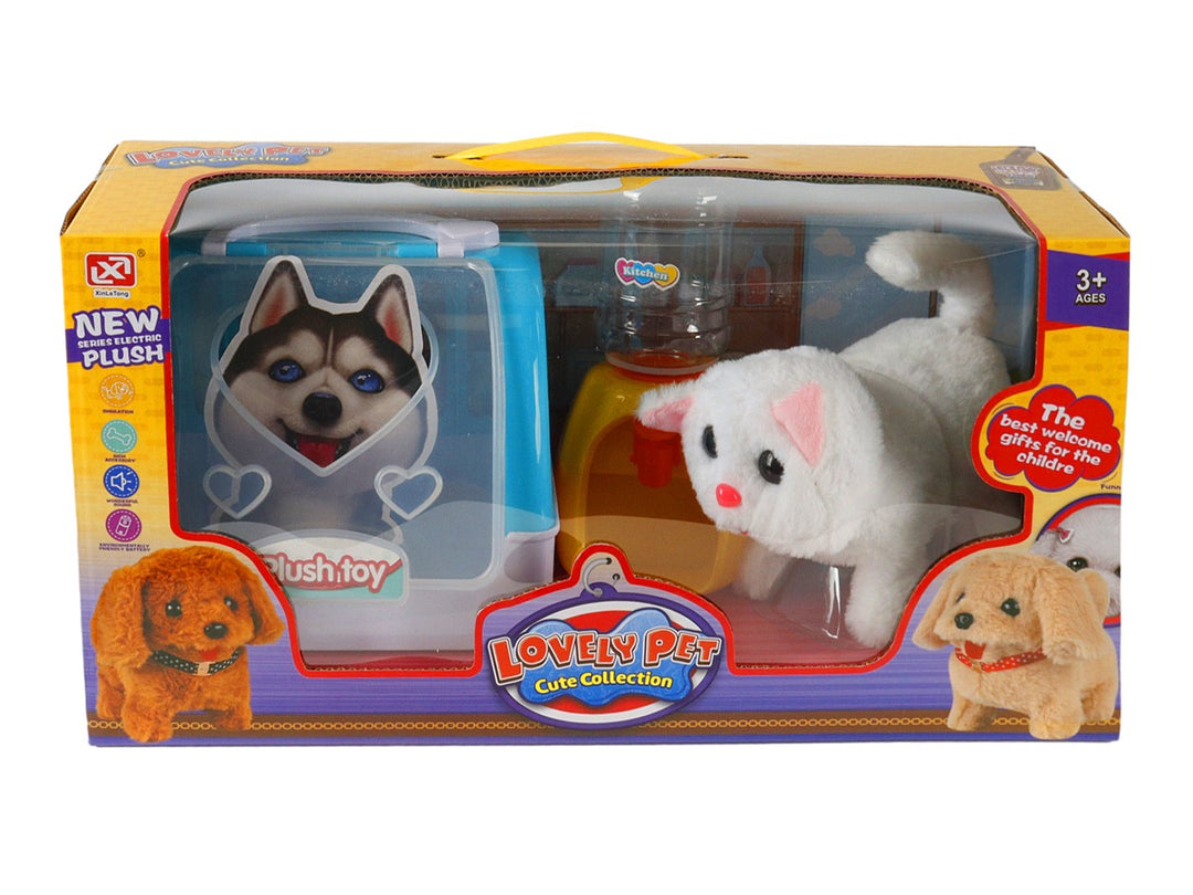 Set de juguete Lovely Pet con gato de peluche blanco, transportadora azul y accesorios en caja amarilla.
