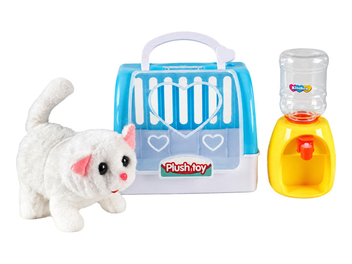 Set de juguete Lovely Pet con gato de peluche blanco, transportadora azul y accesorios en caja amarilla.
