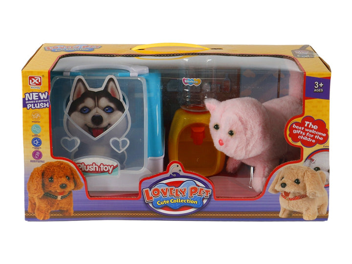 Set de juguete Lovely Pet con gato de peluche blanco, transportadora azul y accesorios en caja amarilla.