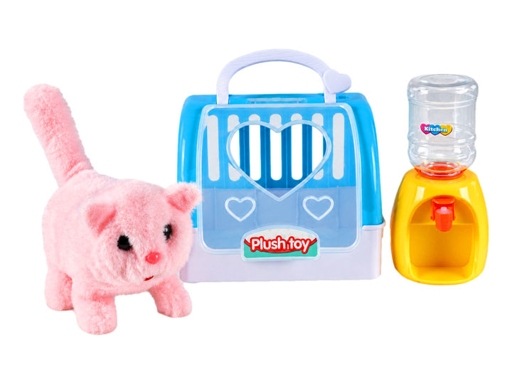 Set de juguete Lovely Pet con gato de peluche blanco, transportadora azul y accesorios en caja amarilla.