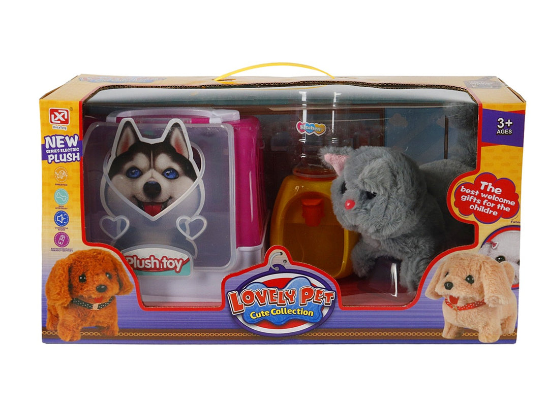 Set de juguete Lovely Pet con gato de peluche blanco, transportadora azul y accesorios en caja amarilla.