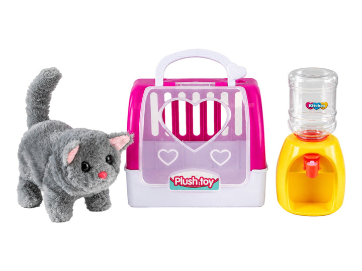 Set de juguete Lovely Pet con gato de peluche blanco, transportadora azul y accesorios en caja amarilla.
