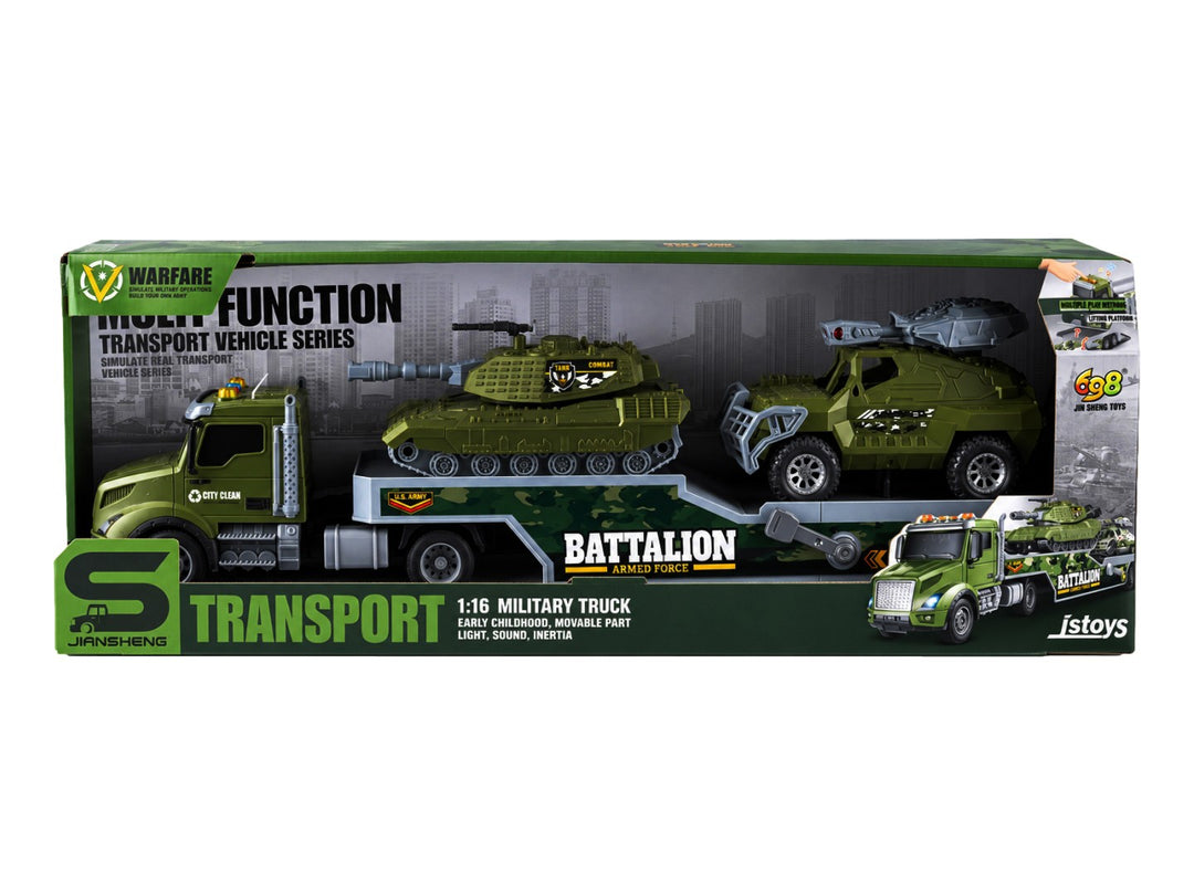 Set de juguetes militares verde que incluye un camión de transporte, un tanque y un vehículo blindado en su empaque.