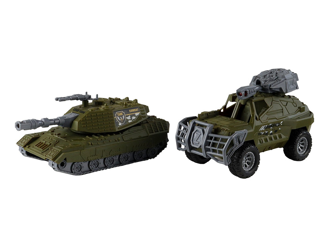 Set de juguetes militares verde que incluye un camión de transporte, un tanque y un vehículo blindado en su empaque.