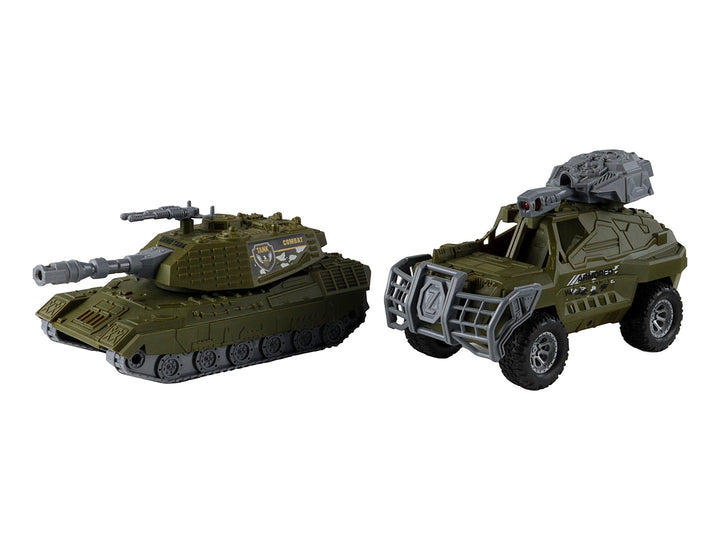 Set de juguetes militares verde que incluye un camión de transporte, un tanque y un vehículo blindado en su empaque.