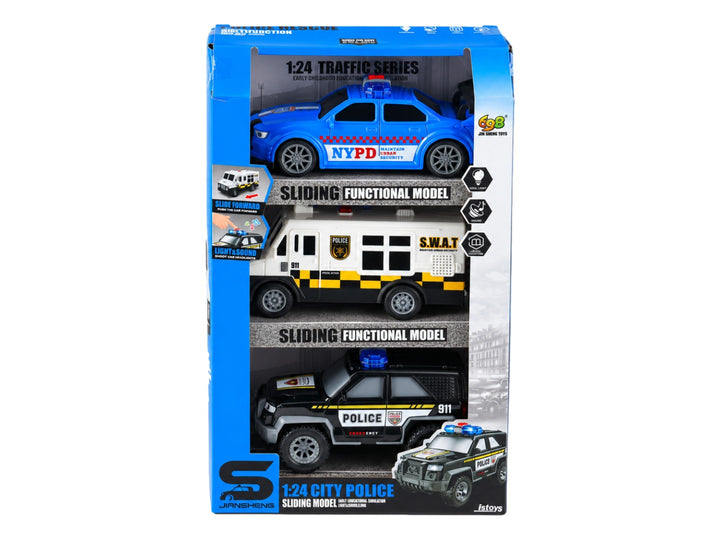 Set de tres coches de policía de juguete en empaque azul, incluyendo un patrullero azul, una camioneta SWAT y un SUV negro.