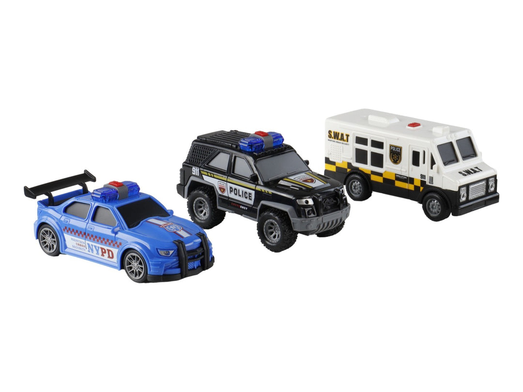 Set de tres coches de policía de juguete en empaque azul, incluyendo un patrullero azul, una camioneta SWAT y un SUV negro.
