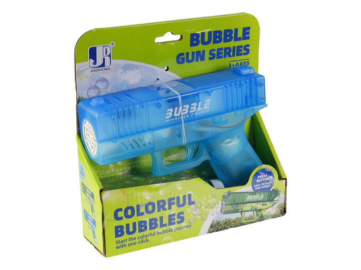Pistola de burbujas de plástico azul transparente en su empaque verde y amarillo.