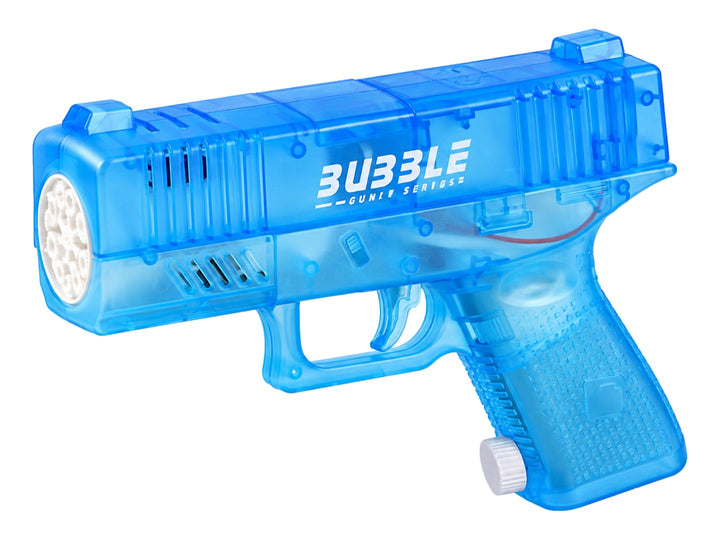 Pistola de burbujas de plástico azul transparente en su empaque verde y amarillo.