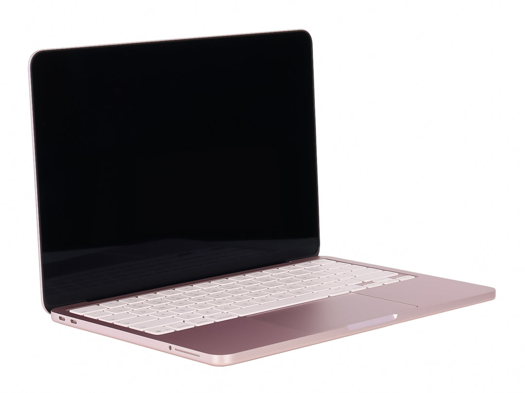 Laptop Apple MacBook Neo de color rosa con pantalla negra y teclado blanco sobre fondo blanco.